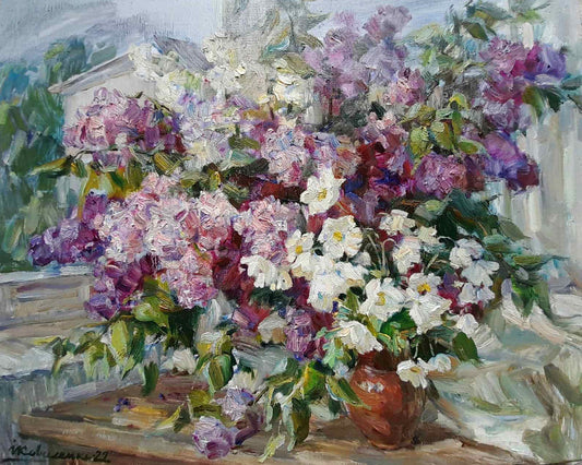 Oil painting purple bouquet Kovalenko Ivan Mikhailovich