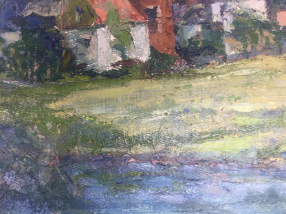 The painting showcases residences on the outskirts of a town or village
