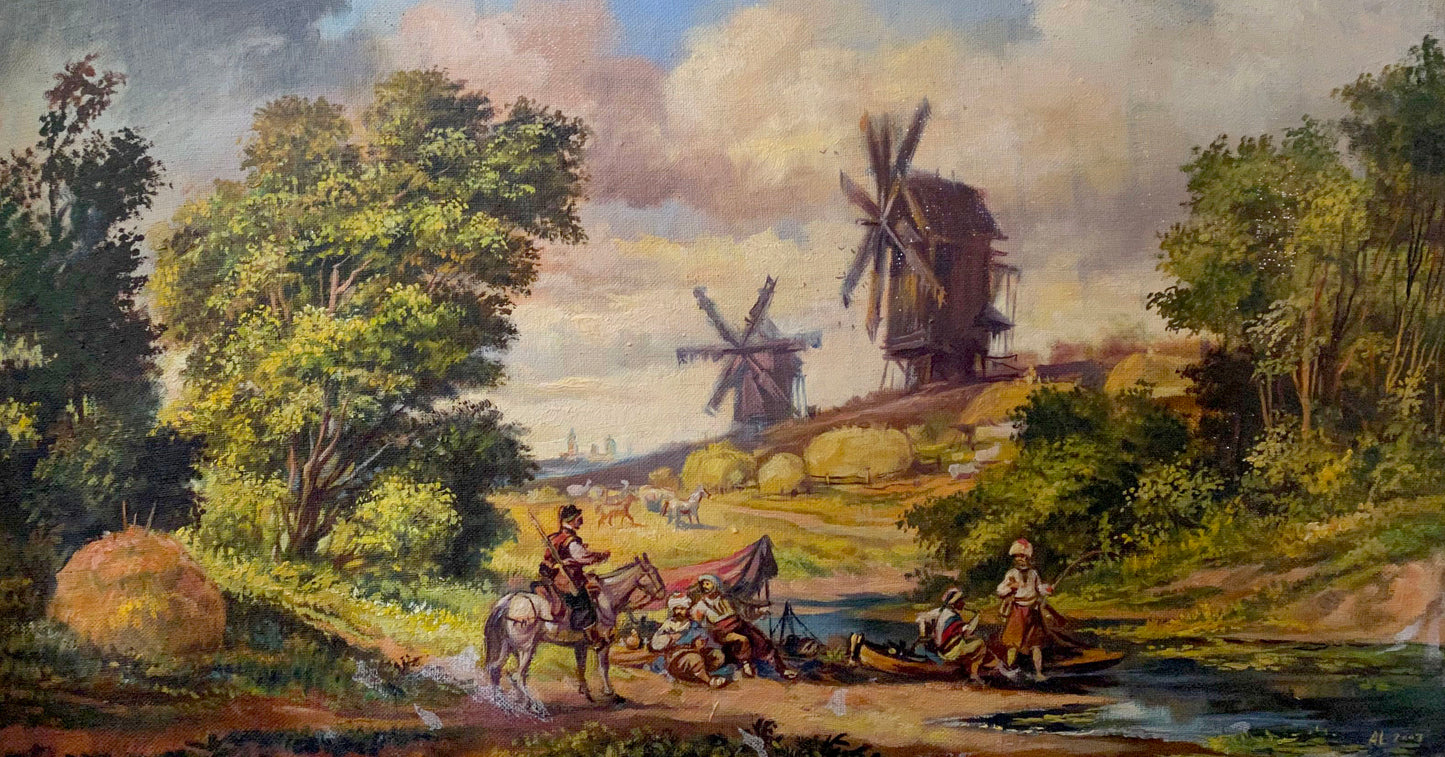Oil painting Landscape with mills Alexander Arkadievich Litvinov
