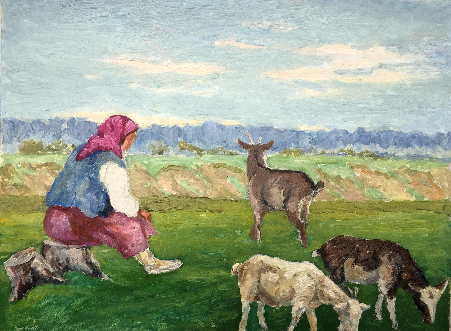 Oil painting Grandmother and goats Cherkas A.G.