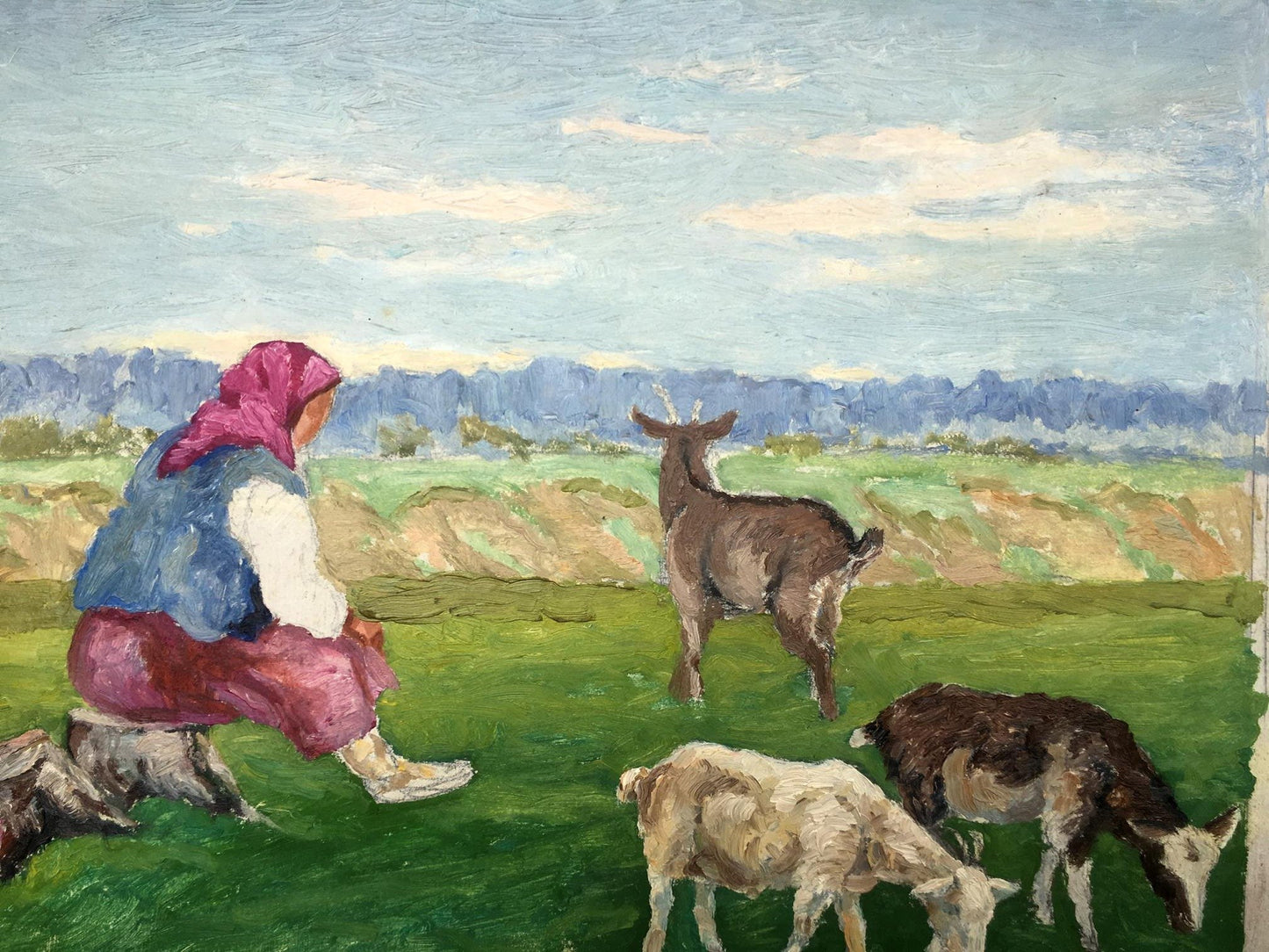 Oil painting Grandmother and goats Cherkas A.G.