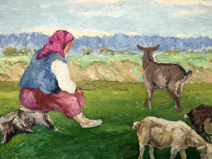 Oil painting Grandmother and goats Cherkas A.G.