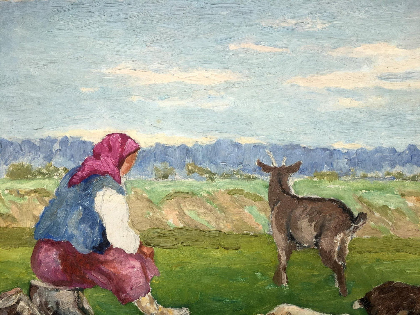 Oil painting Grandmother and goats Cherkas A.G.