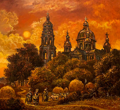 Oil painting Monastery with a crimson sunset Alexander Litvinov