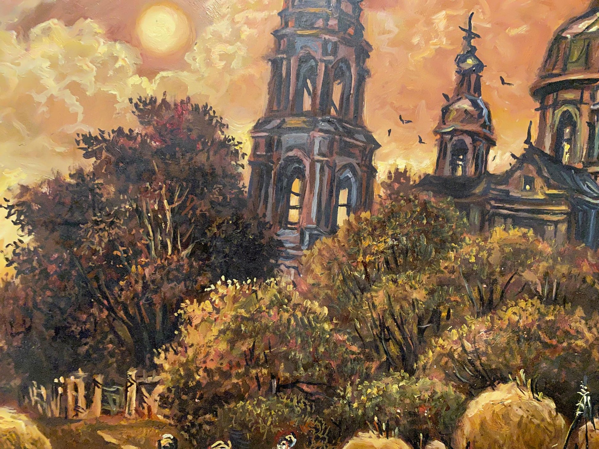 Monastery with a Crimson Sunset, created by Alexander Litvinov in oil