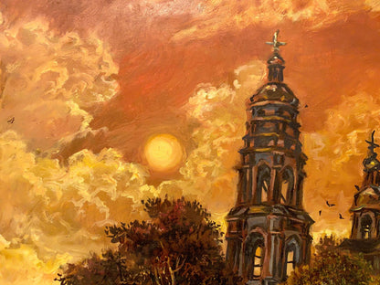 The oil painting "Monastery with a Crimson Sunset" by Alexander Litvinov