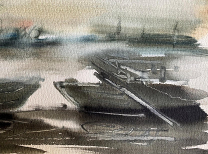 Watercolor painting Boat dock Benfialov