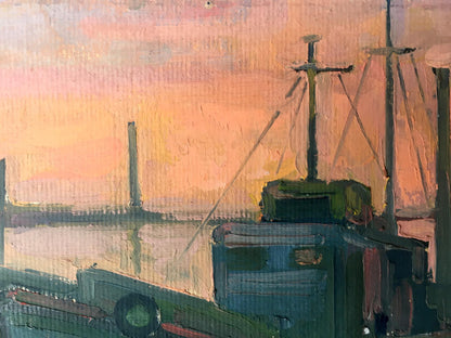 Peter Dobrev's oil painting portrays the dynamic movement of ships within a bustling port