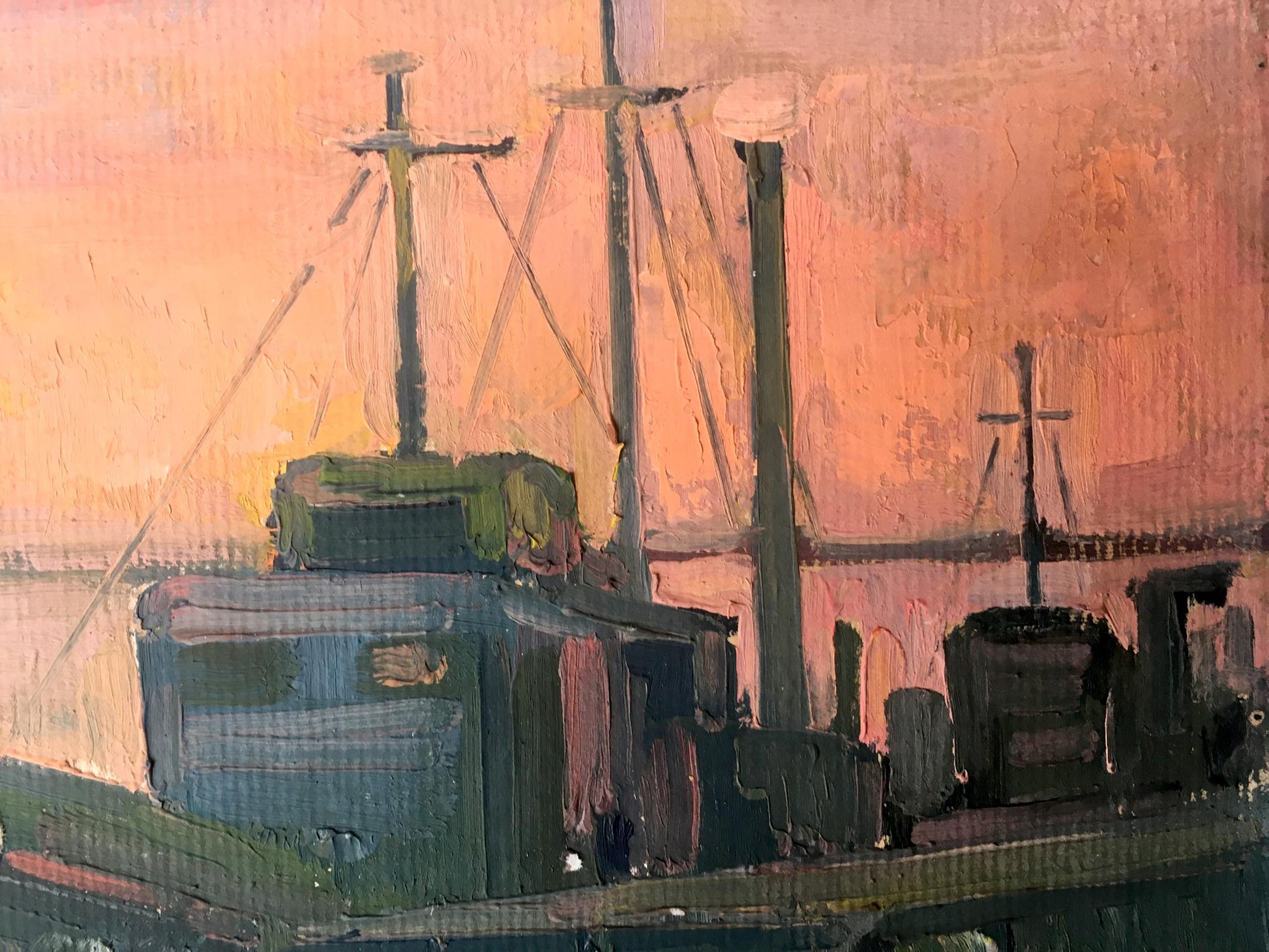 Through his oil painting, Peter Dobrev showcases the intricate details of ships docked in port