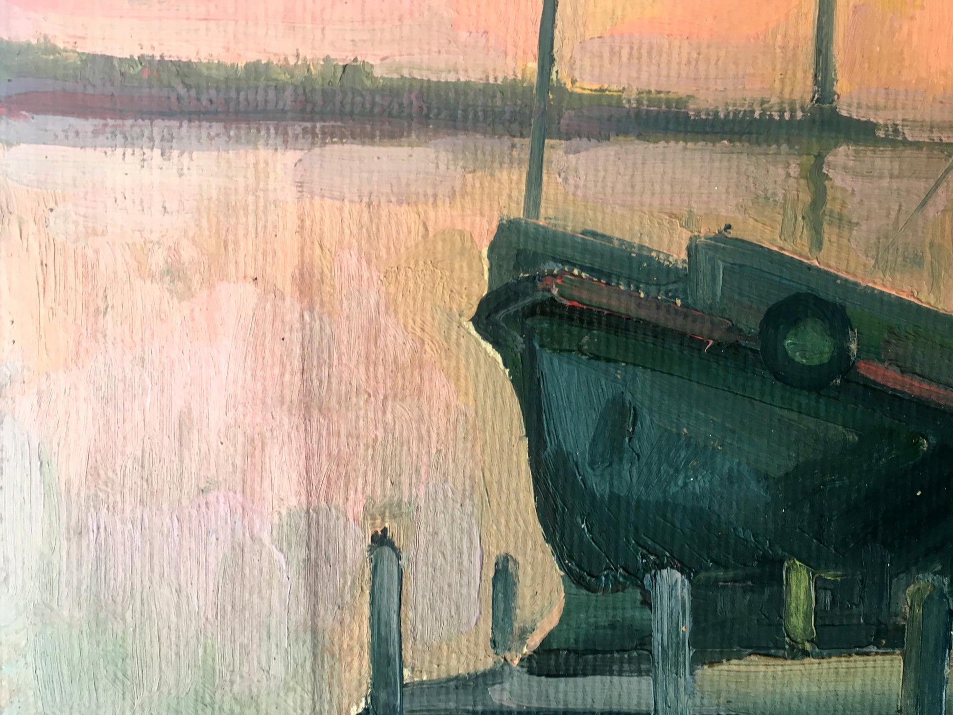 In his oil painting, Peter Dobrev skillfully captures the maritime essence of ships in port
