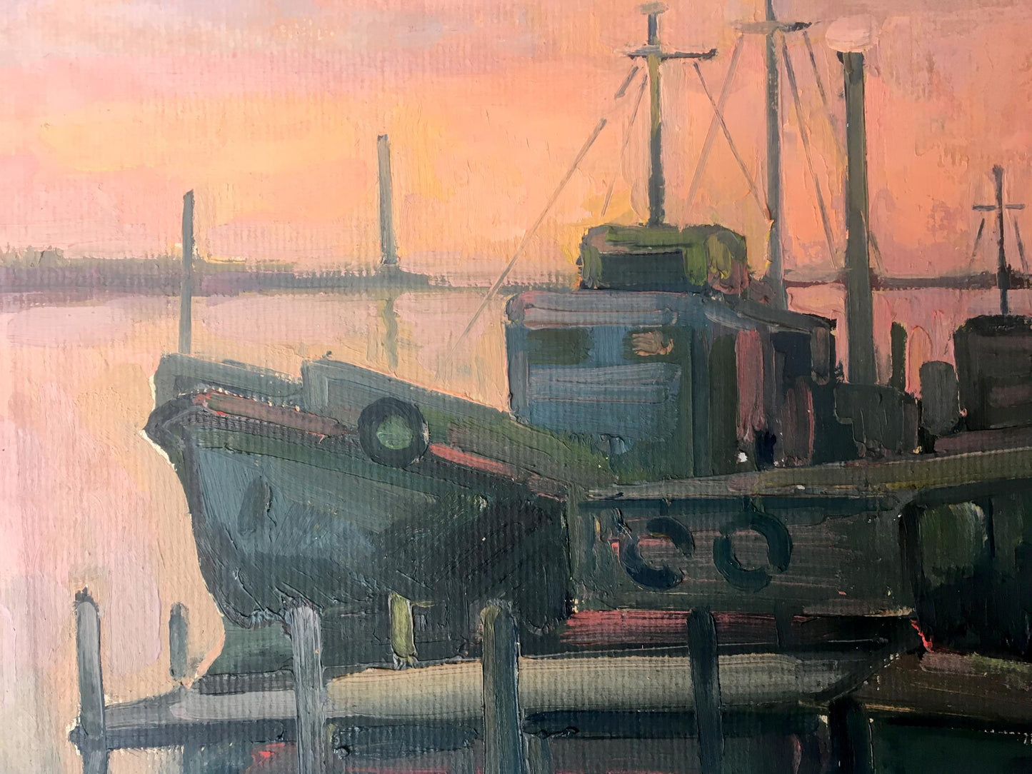 Oil painting Ships in port Peter Dobrev