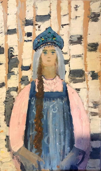 Oil painting Girl in a birch grove Leonid Mikhailovich Stil'