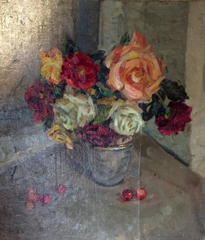 Roses oil painting by Petr Mikhailovich Kolomoitsev