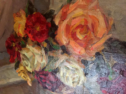 Roses by Petr Mikhailovich Kolomoitsev, oil on canvas