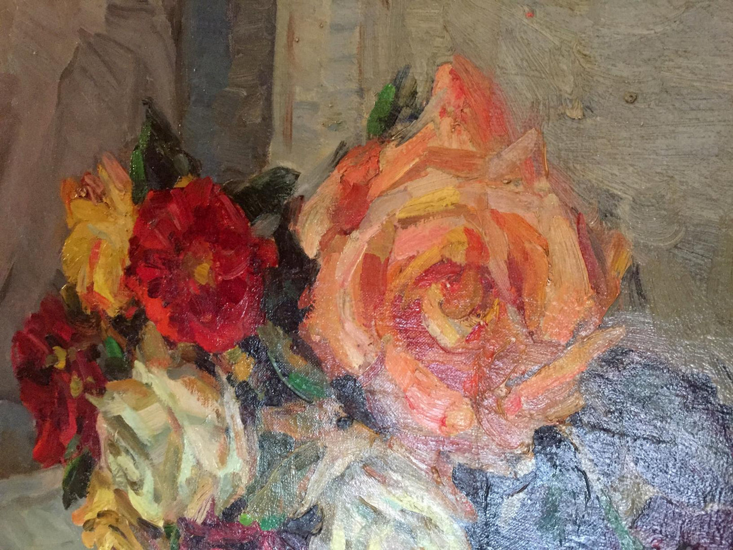 Oil on canvas "Roses" by Petr Mikhailovich Kolomoitsev