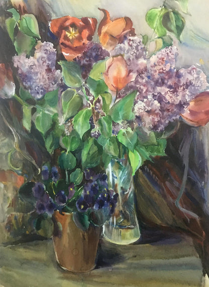 Watercolor painting Tulips with lilacs Palazhchenko Irina