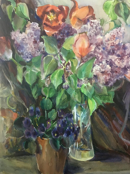 Watercolor painting Tulips with lilacs Palazhchenko Irina