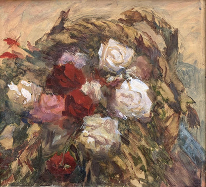 Roses in Basket oil painting, portraying delicate floral arrangement.