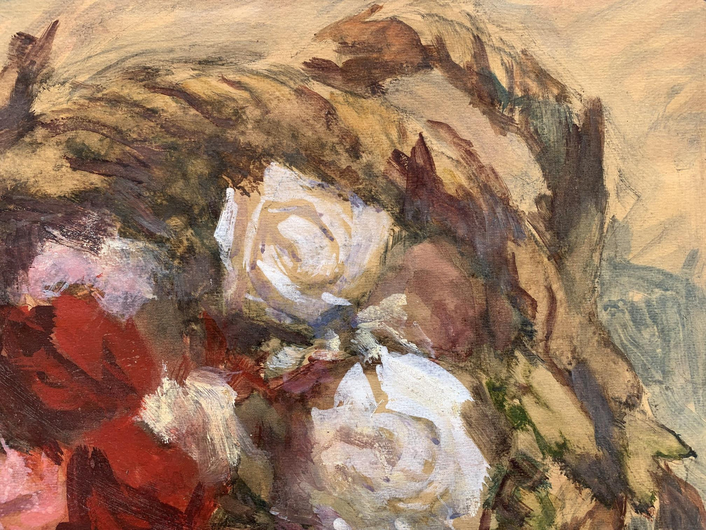 Oil painting of roses in a basket, depicting timeless floral charm.