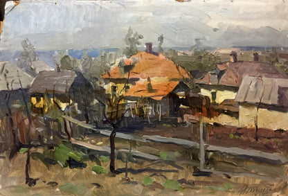 Oil painting Village by the river Unknown artist