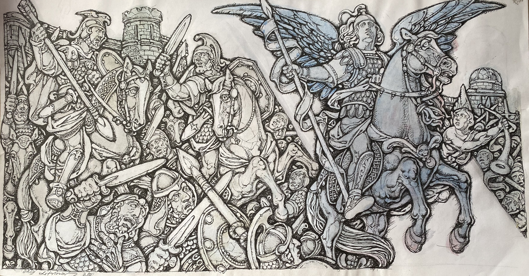 Ink painting Archangels in battle Oleg Litvinov