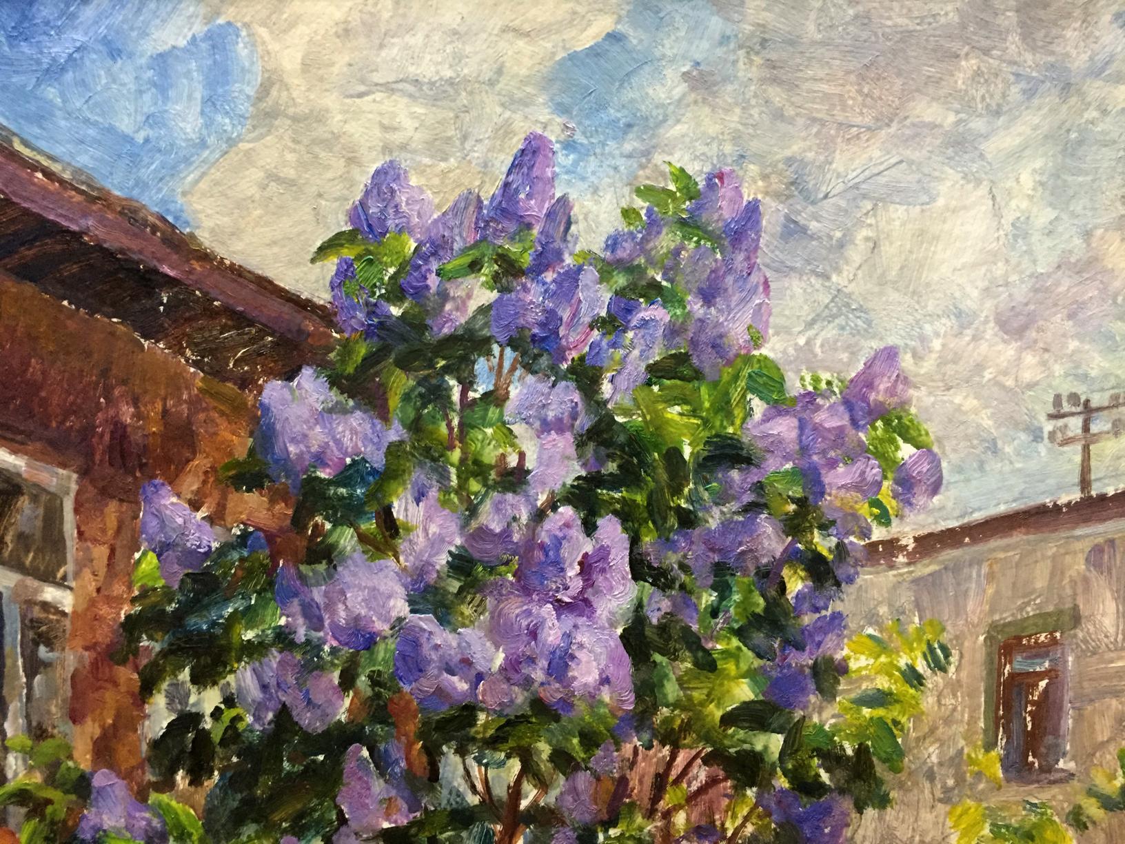 Ivan Feodosievich Dziuban painted a lilac bush by his house in oils