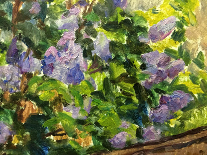 Ivan Feodosievich Dziuban's oil artwork portrays a lilac bush by his house