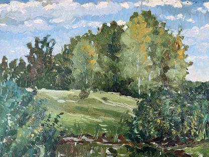 A. G. Cherkas' oil painting of a forest-bordered lake