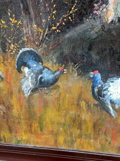 Oil painting a pair of chickens lost in the forest