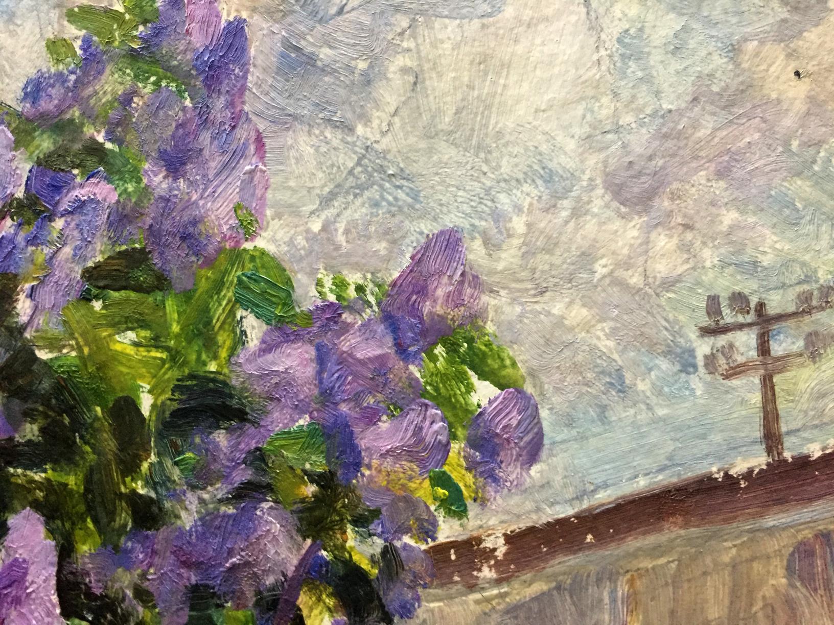 Oil artwork by Ivan Feodosievich Dziuban portraying a lilac bush near his house