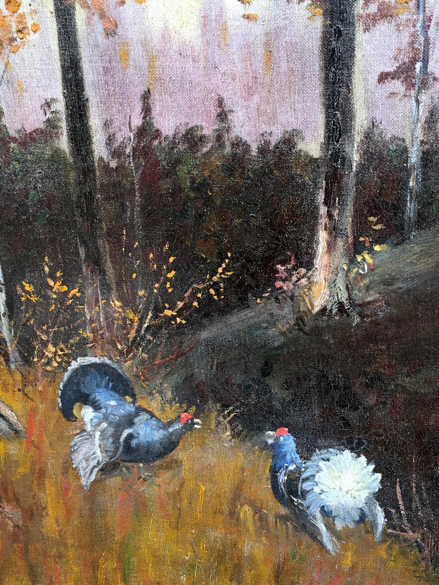 Oil painting Dark forest and a pair of chickens