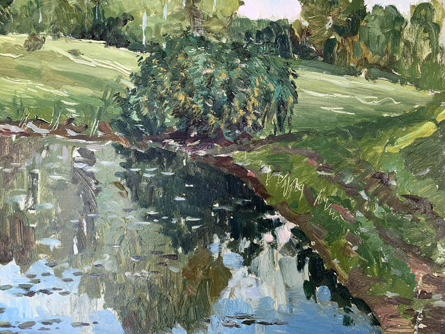 The beauty of a secluded lake surrounded by woodland, portrayed in oil by A. G. Cherkas