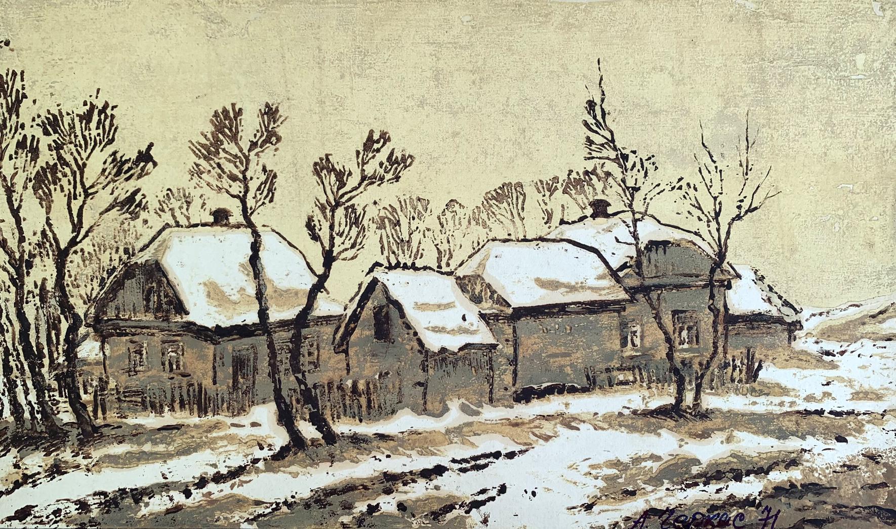 Watercolor painting Winter houses A. G. Cherkas