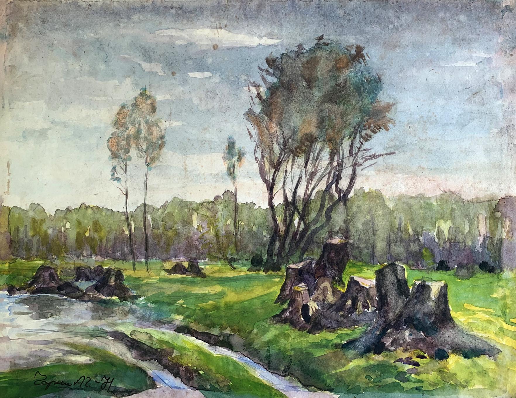 Watercolor painting Stump road A. G. Cherkas