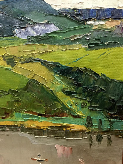 Oil painting Pond near the mountain