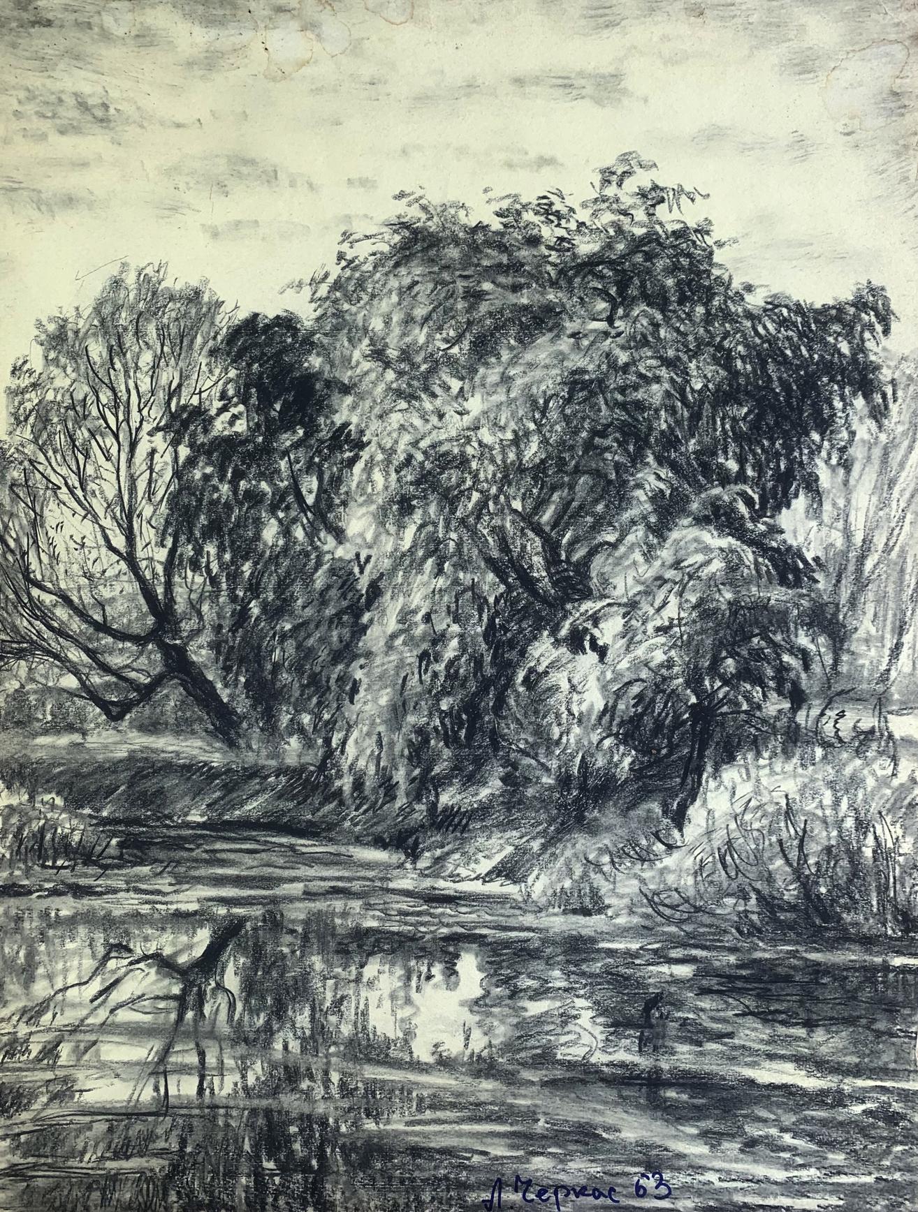 Charcoal pencil painting Forest lake A. G. Cherkas