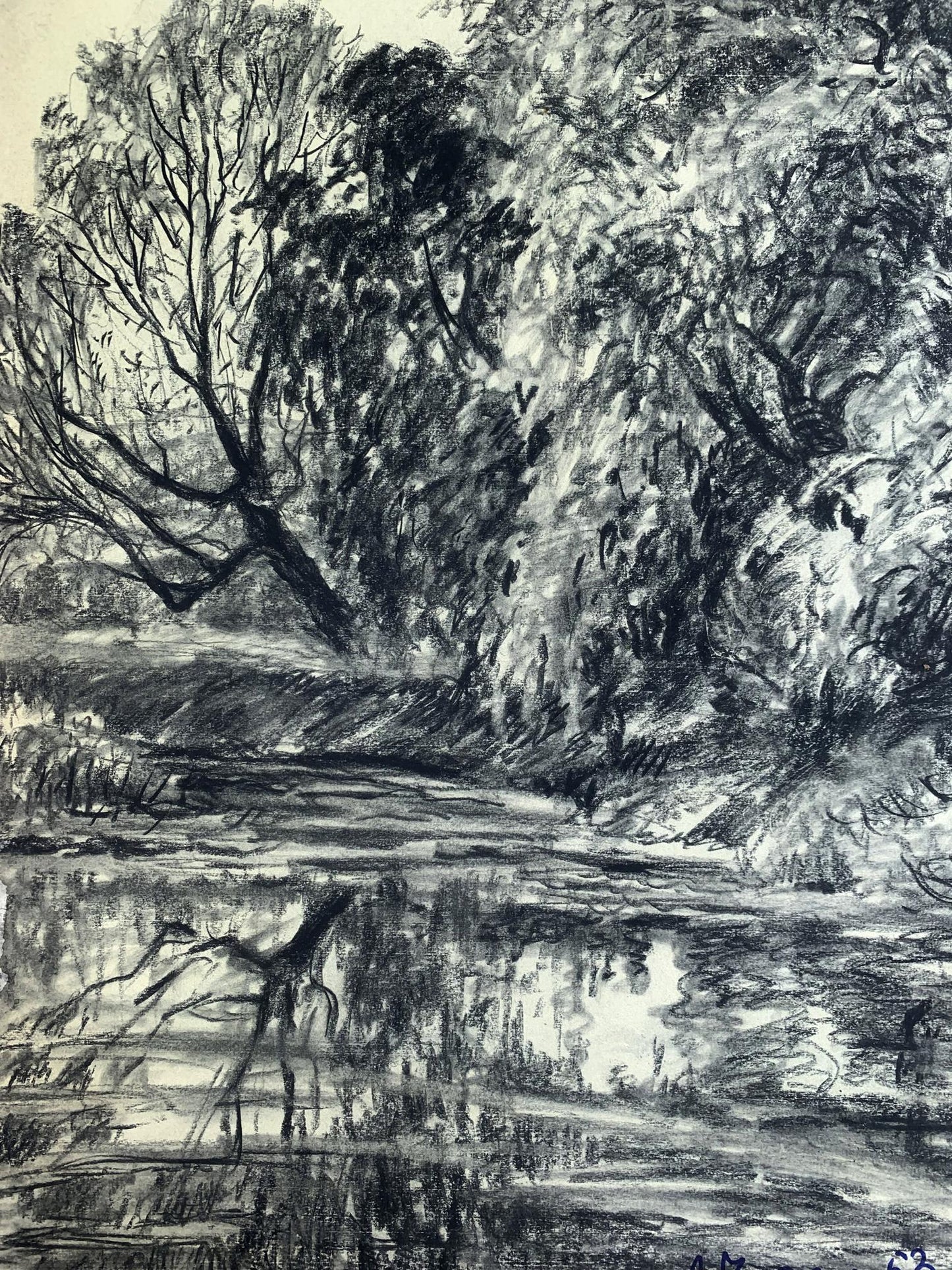 Charcoal pencil painting Forest lake A. G. Cherkas