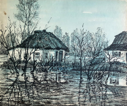 Ink painting Houses after the rain A. G. Cherkas