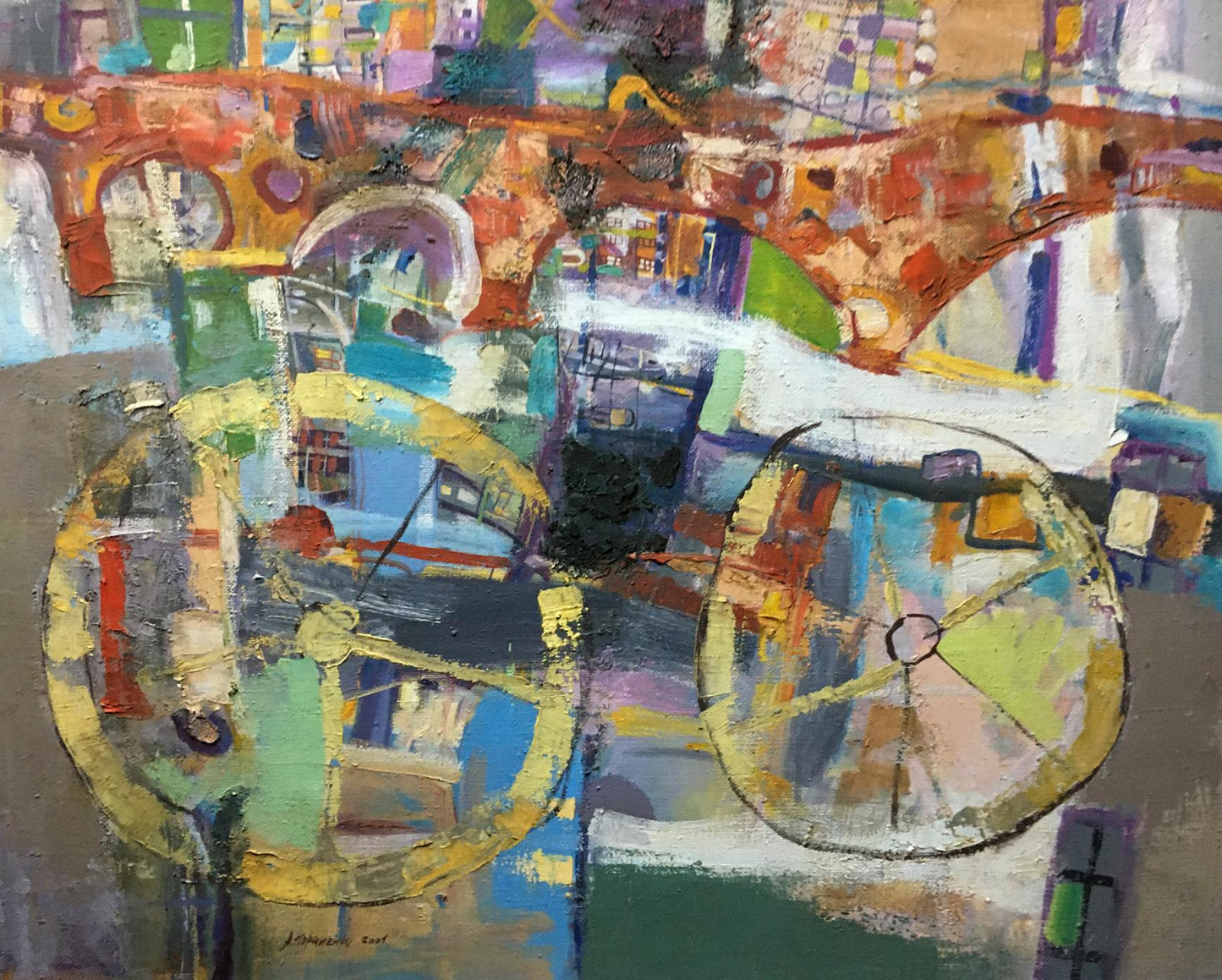 Abstract oil painting A walk on the bike Larisa Kornienko