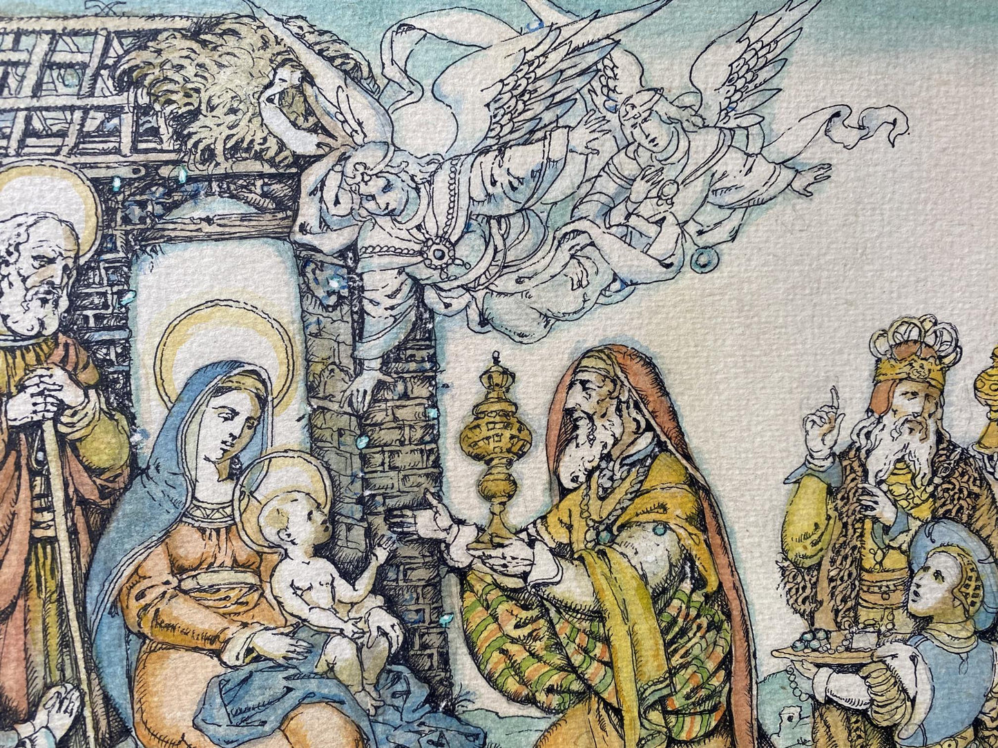 Ink painting Religious scene with newborn Oleg Litvinov