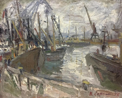 Oil painting Ship pier Karelin Vyacheslav