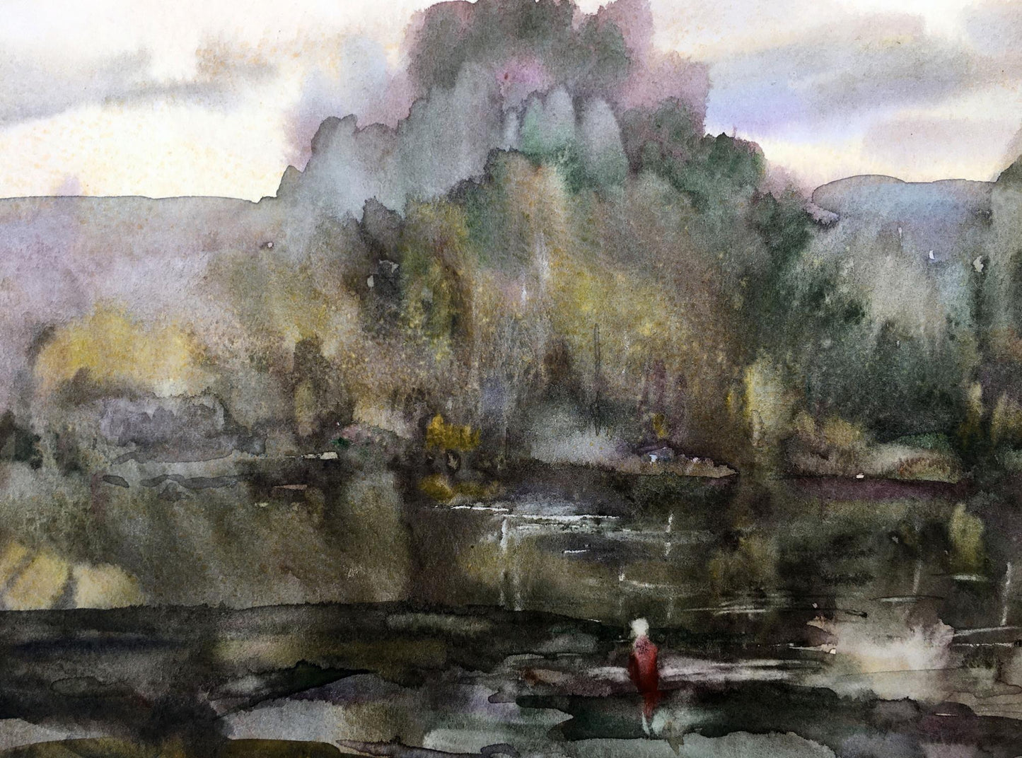 Watercolor painting Fishing on the river Viktor Mikhailichenko
