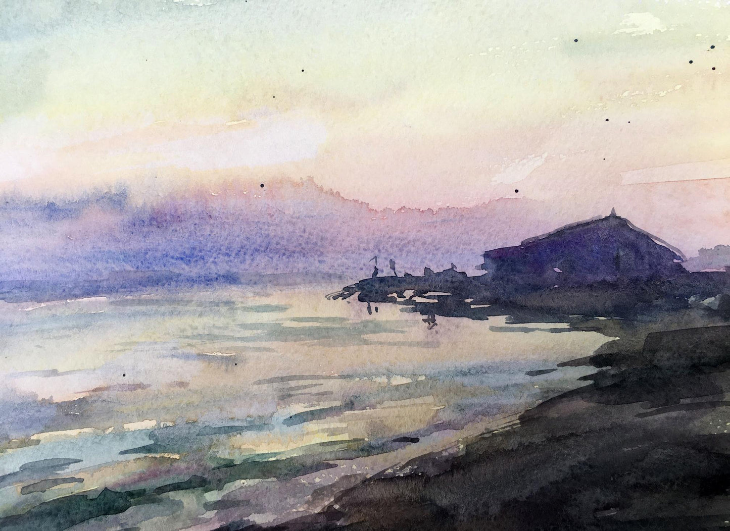 Watercolor painting Watching the sunset on the shore Viktor Mikhailichenko