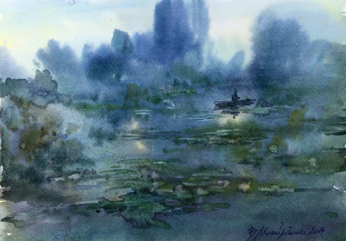 Watercolor painting Fishing at dusk Viktor Mikhailichenko