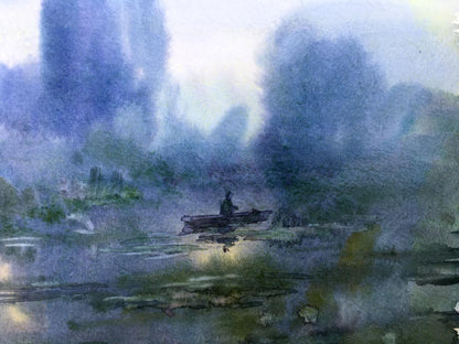 Watercolor painting Fishing at dusk Viktor Mikhailichenko