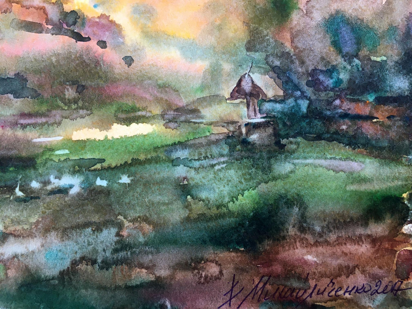 Watercolor painting Rural landscape Viktor Mikhailichenko