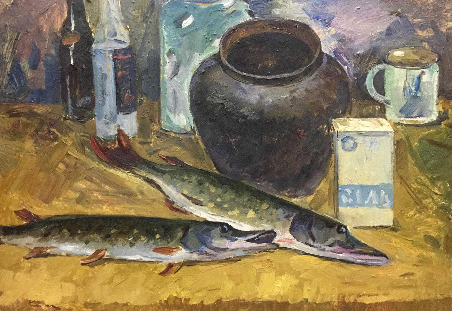 Oil painting Still life with fish Katz Adam Zakharovich