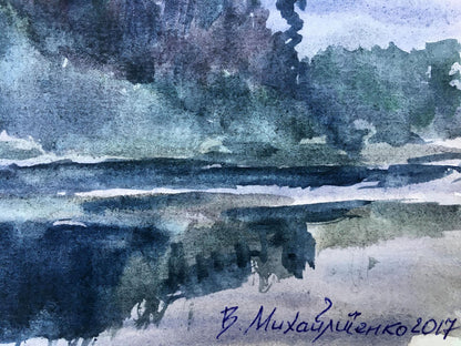 Watercolor painting Twilight by the river Viktor Mikhailichenko