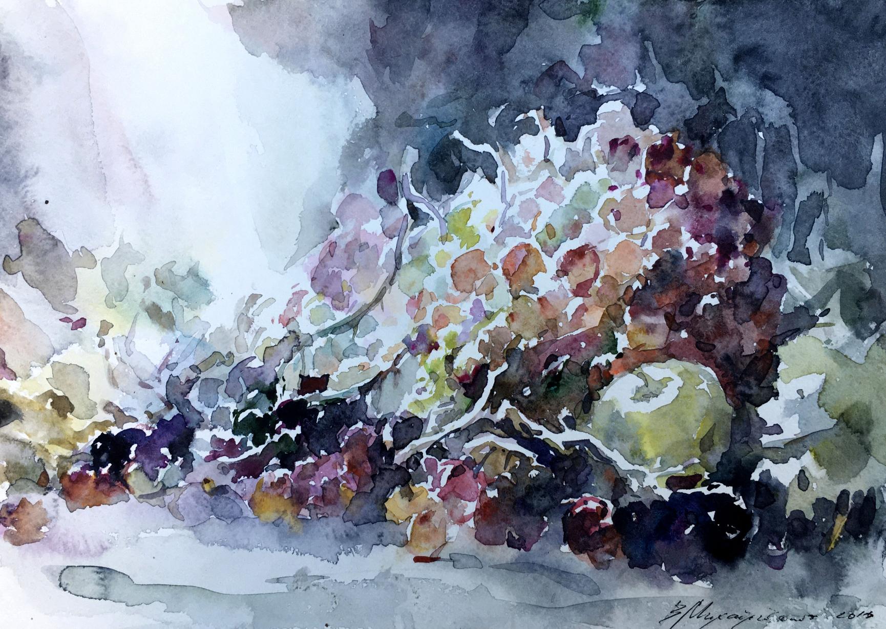 Watercolor painting Grapes on the table Viktor Mikhailichenko