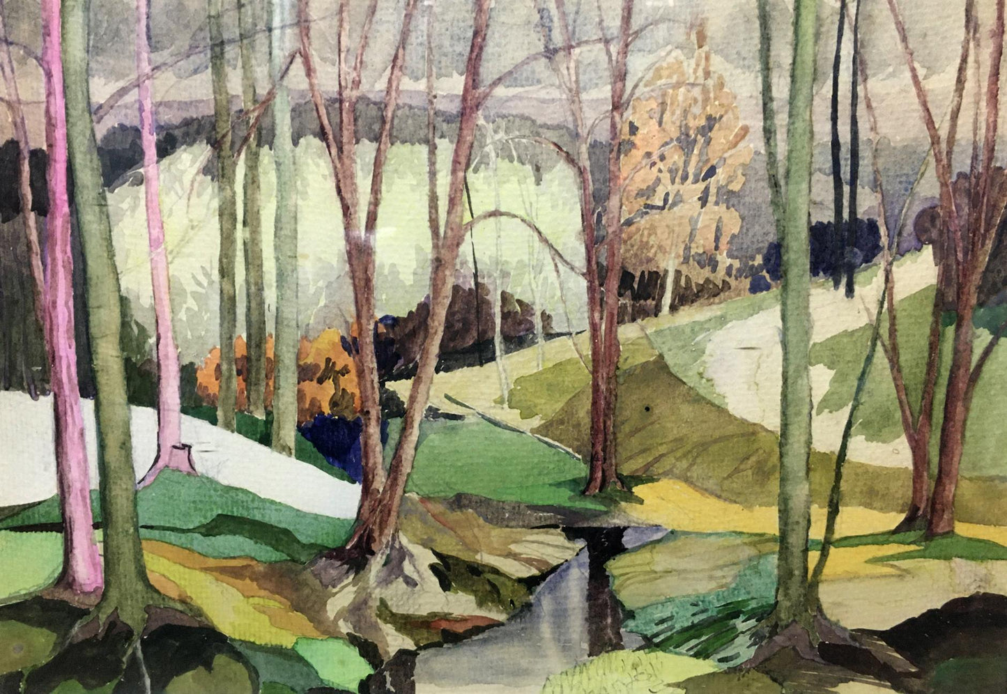 V. Olisevich's watercolor captures a serene forest stream